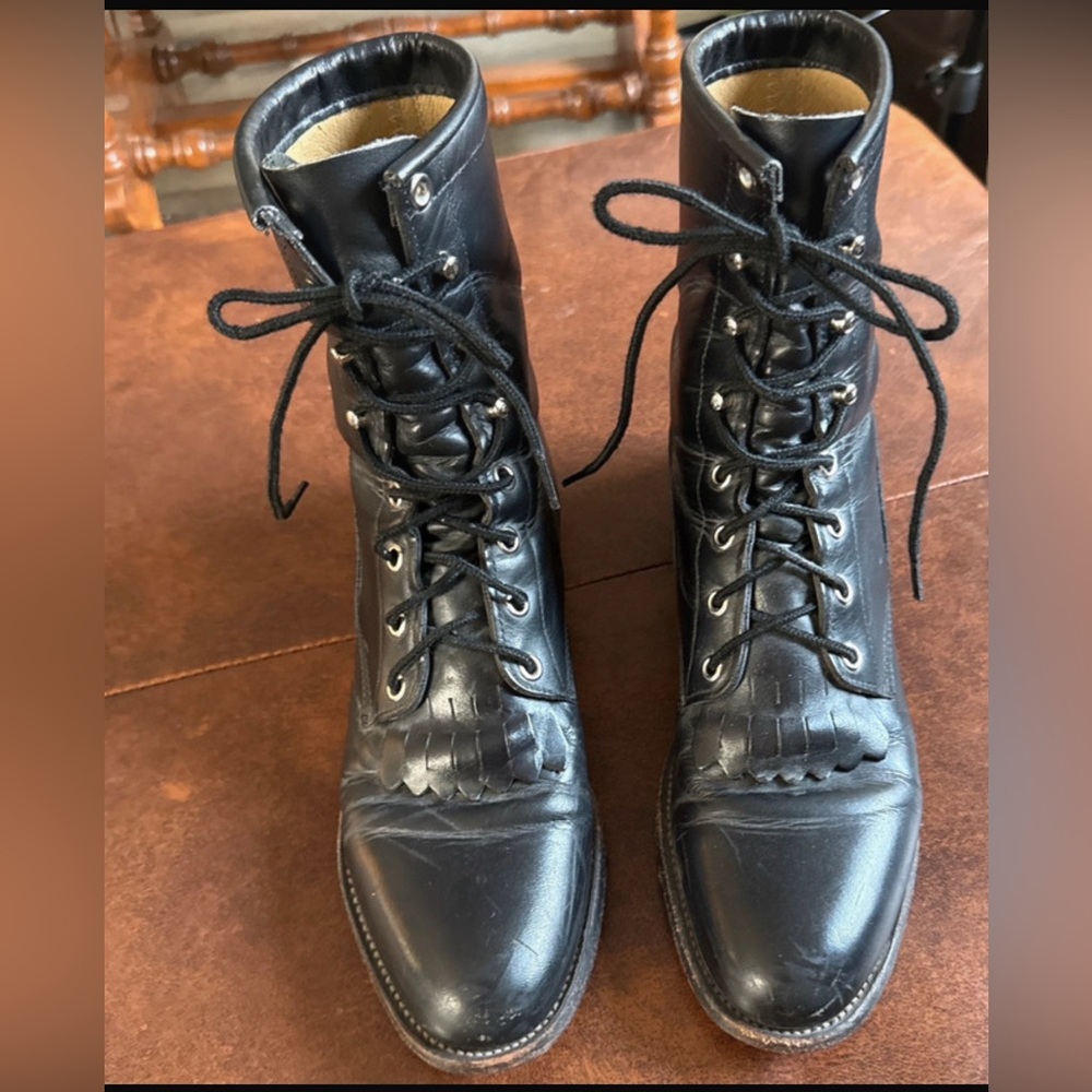 Vintage Justin Boots Black Lace Up Ropers Leather Kiltie Boots fringe silver